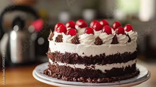 Wallpaper Mural Black forest cake with chocolate layers, whipped cream, and red cherries on top, served on a plate in a cozy kitchen Torontodigital.ca