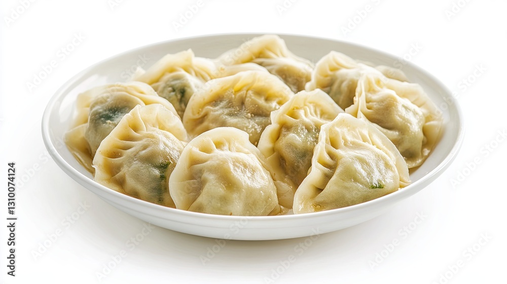 Steamed dumplings with meat and vegetable filling served on a white plate Steamed dumplings with meat and vegetable filling served on a white plate