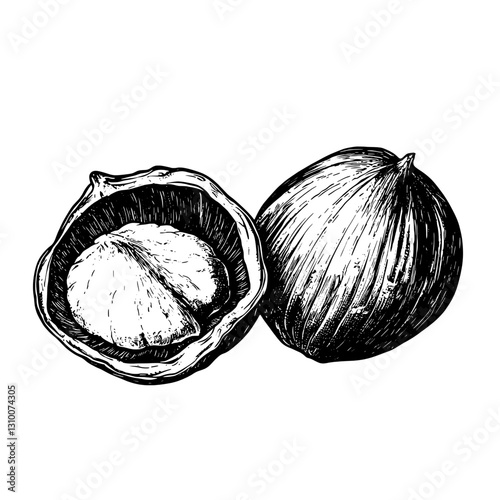 Intricate engraved illustration of a hazelnut shell revealing the edible seed inside, perfect for artistic designs