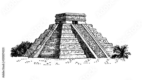 Mesmerizing engraved vector depiction of a Mayan pyramid surrounded by tropical foliage in a mystical landscape