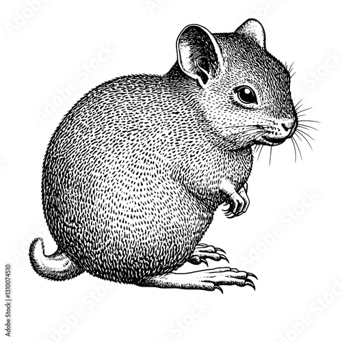Engraved illustration of a fluffy rodent showing intricate details and captivating features in a tattoo style representation