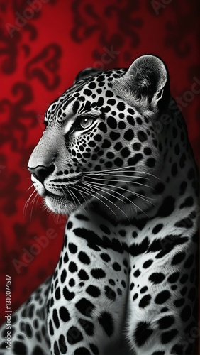 Black and white leopard with striking spots gazing majestically against a red patterned background.