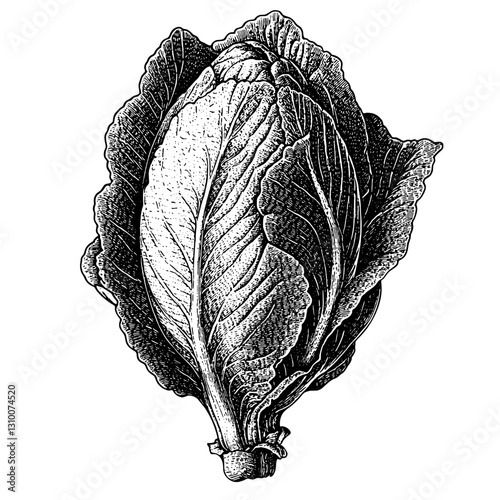 Intricate engraved illustration of a fresh romaine lettuce showcasing delicate leaf details and natural textures