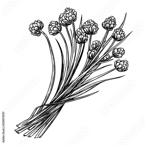 Elegant engraved illustration of chive flowers arranged in a delicate bouquet for tattoo design enthusiasts