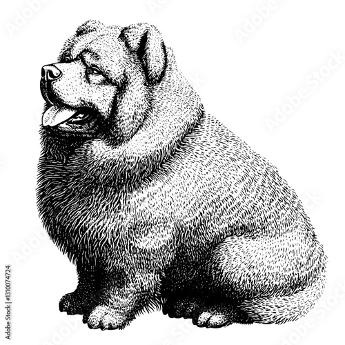 Detailed engraved illustration of a joyful chow chow dog, showcasing its fluffy coat and playful expression in a vintage style