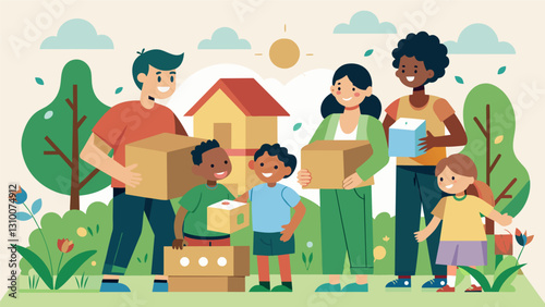 A group of families joining forces to make a sustainable holiday village from recycled cardboard boxes and natural materials.. Vector illustration