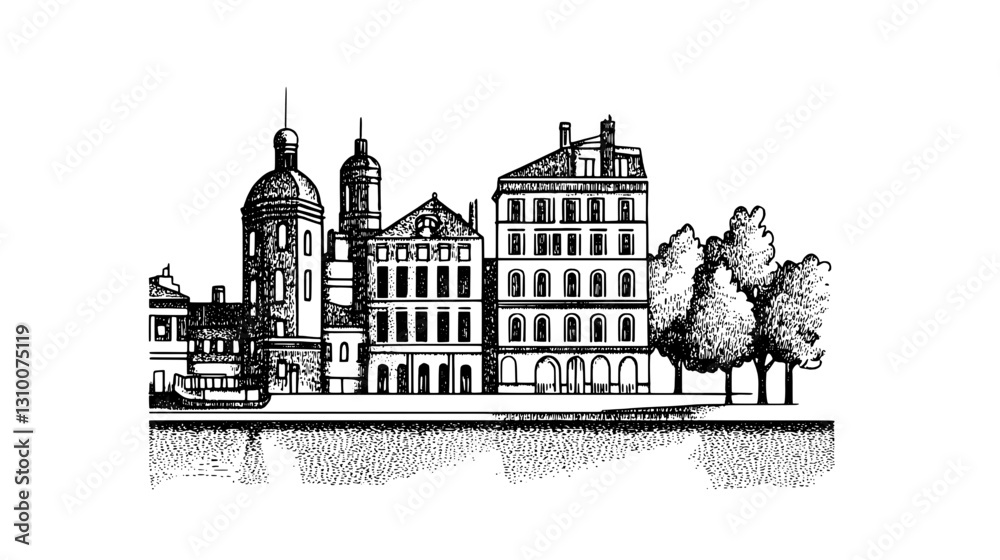 Obraz premium Engraved vector illustration of a historic riverside cityscape with detailed architecture and lush trees