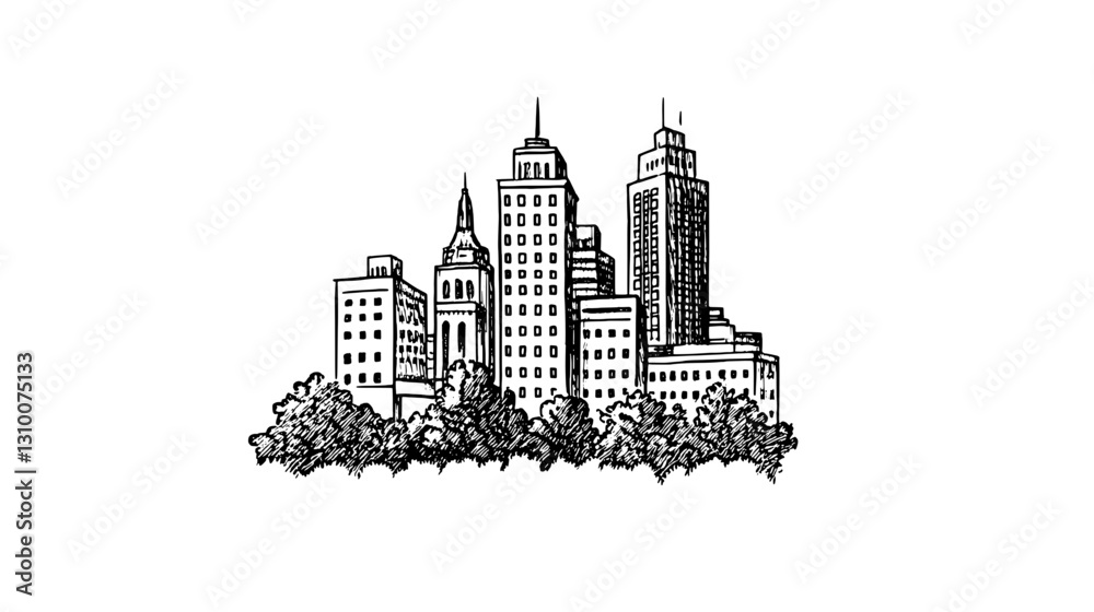 Naklejka premium Urban skyline illustration featuring historic and modern buildings in a harmonious blend of architectural styles