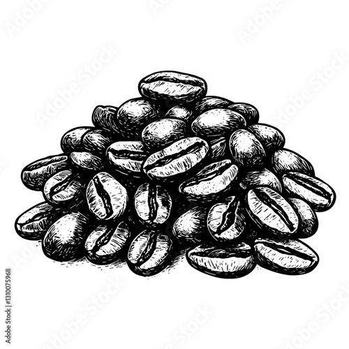 Exquisite engraved illustration of a detailed pile of coffee beans showcasing their rich texture and unique shapes