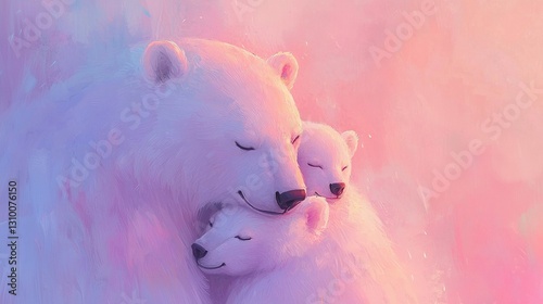   A polar bear mom hugs her cub in a pink and blue pastel painting