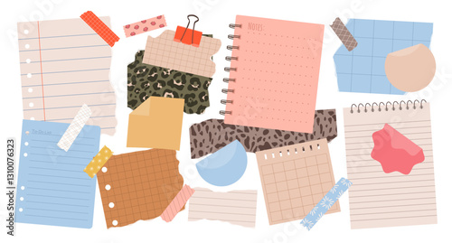 Set of various torn paper notes, stickers, to do list, notebook, duct tapes, paper clips. Isolated flat sticky elements, planners, reminders for mood boards, scrapbooking or collages. Vector bundle.
