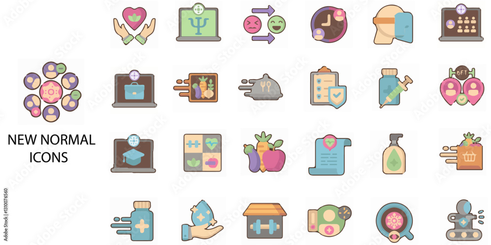 New Normal simple concept 24 colour icons set. Contains such Streaming, Online Shopping, Supply Recalibration .Vector illustration. New Normal simple concept 24 colour icons set. Contains such Streaming, Online Shopping, Supply Recalibration .Vector illustration.