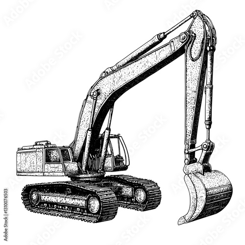 Engraved illustration of a powerful excavator in motion showcasing its detailed features and robust design