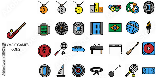 Olympic Games simple concept 24 colour icons set. Contains such basketball, judo, archery, swimming, golf, hockey .Vector illustration.