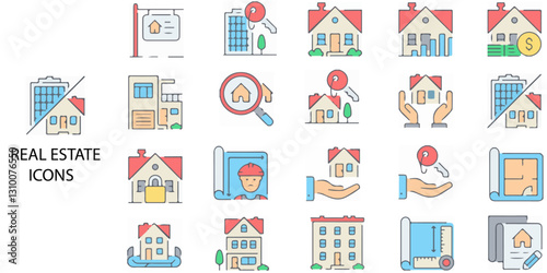 Real Estate simple concept 28 Colour icons set. Contains such building, house, apartment, sale, rent, mortgage. Vector illustration.