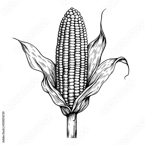 Intricate engraved illustration of a corn cob showcasing artistic details and natural beauty