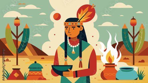 I am enveloped in the rich earthy scent of Native American traditions as I retell my experiences at a Pow Wow reenactment.. Vector illustration