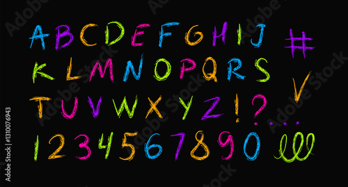 Neon Handwritten Alphabet & Numbers. Colorful Sketch on Black Background.