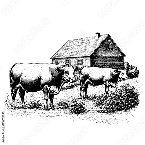 Rustic farm life captured in an engraved illustration of cows grazing near a quaint barn under a clear sky