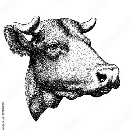 Intricate engraved illustration of a cow's head showcasing detailed line work for art enthusiasts and tattoo lovers