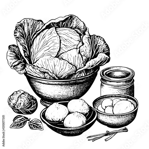 Engraved illustration of fresh vegetables and ingredients suited for a rustic kitchen display