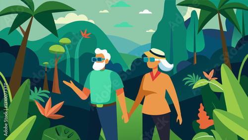 Two seniors take a leisurely stroll through a virtual rainforest while discussing the importance of preserving nature and the environment in a VR. Vector illustration