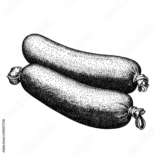 Engraved illustration of two intricately detailed sausages captured in a classic tattoo style