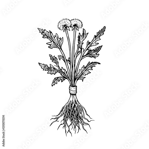 Delicate engraved illustration of a dandelion plant showcasing intricate details of its leaves, flowers, and roots for tattoo inspiration