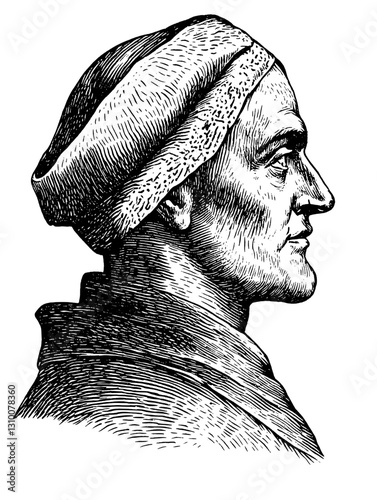 Intricate engraved illustration of a wise scholar wearing a traditional hat, showcasing a moment of thoughtful contemplation in timeless artistry