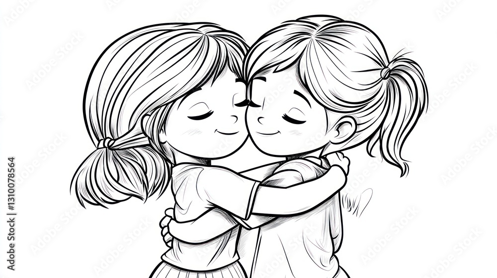 Cartoon girls hugging, happy, friendship, illustration Cartoon girls hugging, happy, friendship, illustration