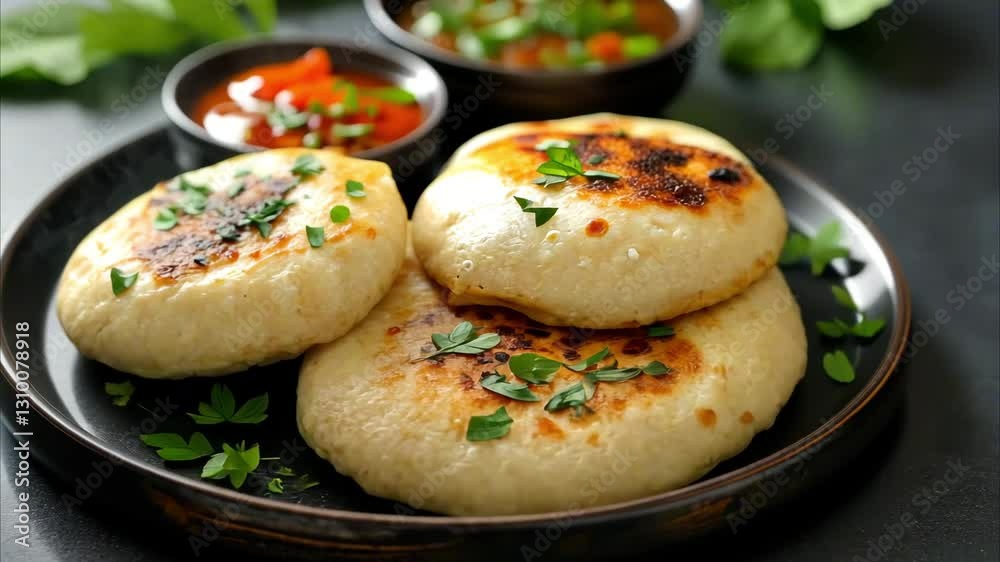 Close-up video of golden, crispy stuffed bread garnished with fresh herbs, served with spicy dipping sauces. A warm and appetizing food presentation