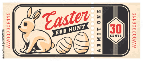 Easter egg hunt retro ticket template. Vintage invitation for Easter holiday event with bunny graphic. Vector image.