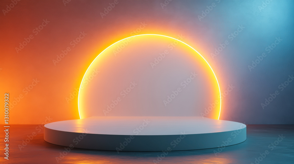 Fototapeta premium Lighting design features an illuminated circular stage against a vibrant backdrop during a nighttime setting