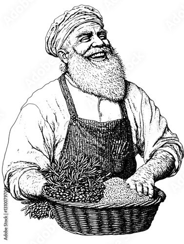 Engraved illustration of a joyful merchant with a basket full of spices and herbs, celebrating the art of trade in a vibrant marketplace