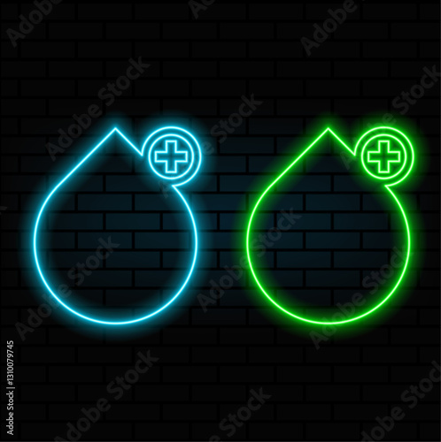 Water drop simple vector icon. Project plan. Blue neon style on button. With shade.