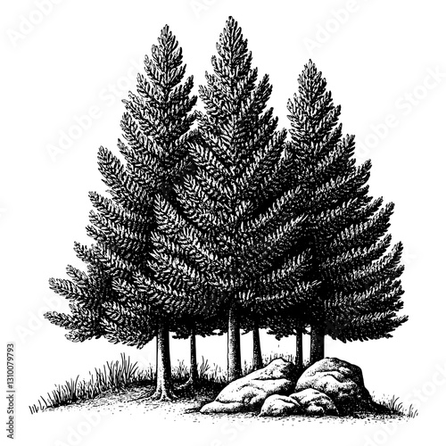 Detailed engraved illustration of majestic evergreens surrounding serene boulders in a natural landscape