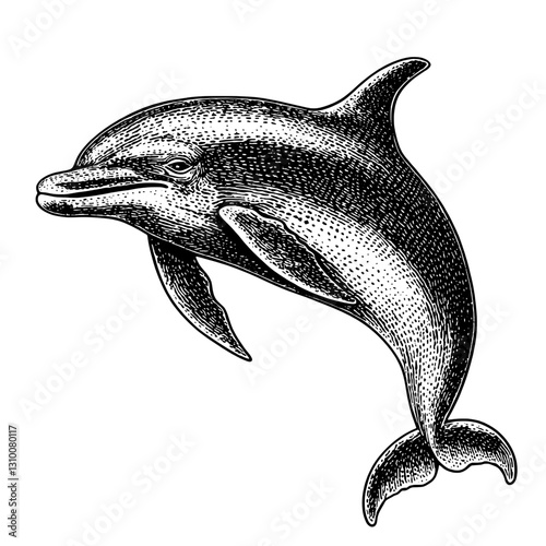 Engraved dolphin illustration showcasing elegance and movement in a vintage tattoo design for ocean enthusiasts