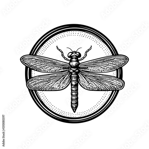 Intricate engraved dragonfly design showcasing exquisite details and elegance in a circular frame for tattoo art enthusiasts