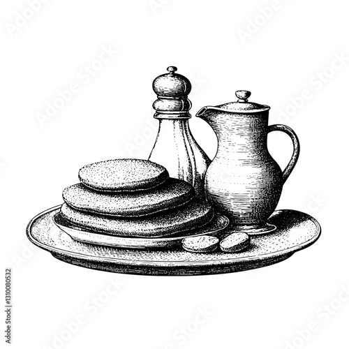 Engraved illustration showcasing culinary delights arranged on a vintage plate with utensils emphasizing traditional dining aesthetics