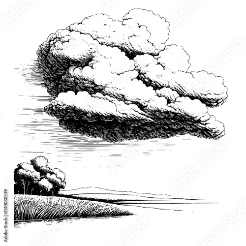 Majestic clouds drift lazily over a tranquil landscape, blending nature's elements into an intricate tattoo design