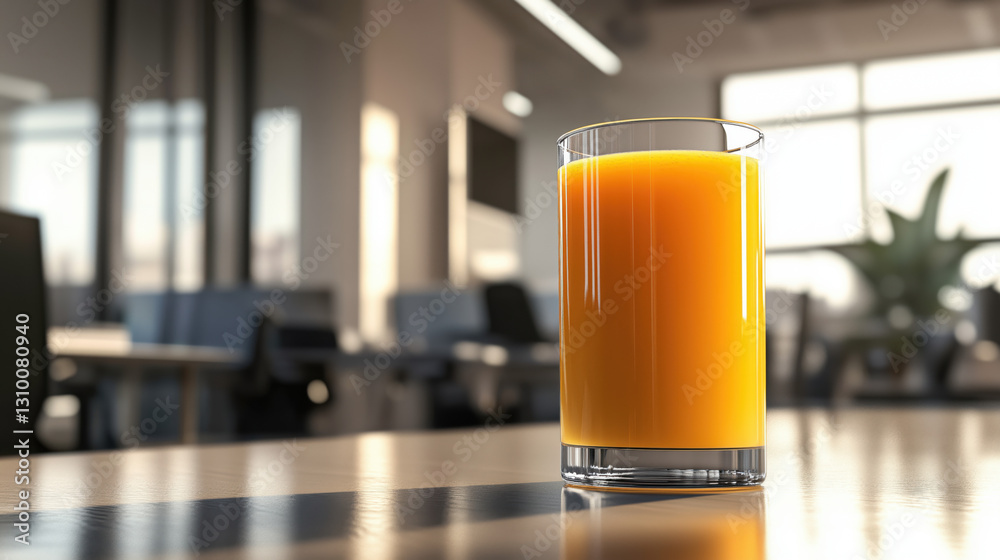 Side View of a Glass of Orange Juice on a Clean Desk, with a Blurred Office Background and Ample Space on the Right for Text or Advertising copy space Side View of a Glass of Orange Juice on a Clean Desk, with a Blurred Office Background and Ample Space on the Right for Text or Advertising copy space