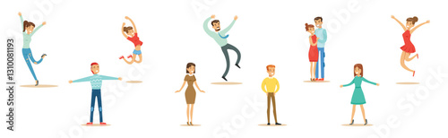 Happy Man and Woman Character Rejoicing Feel Happiness Vector Set