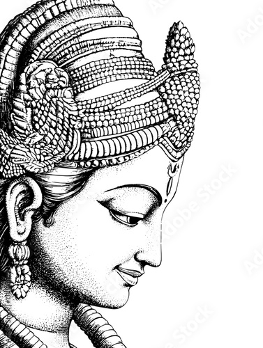 Intricate engraved illustration depicting a serene figure with ornate headwear and delicate features in a classic tattoo style