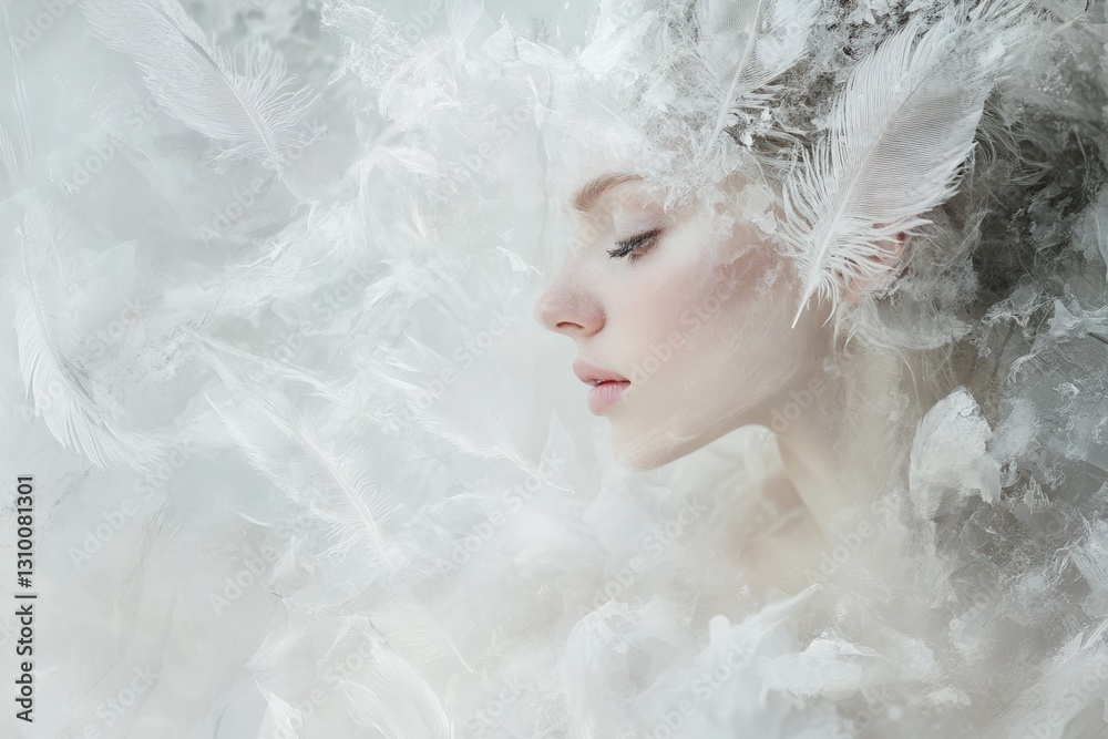 A dreamy portrait of a woman surrounded by delicate white feathers and icy textures, evoking an ethereal and winter-inspired aesthetic A dreamy portrait of a woman surrounded by delicate white feathers and icy textures, evoking an ethereal and winter-inspired aesthetic