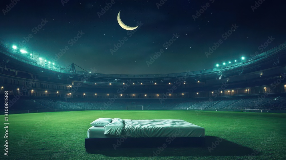 A white bed positioned centrally within a large soccer stadium.