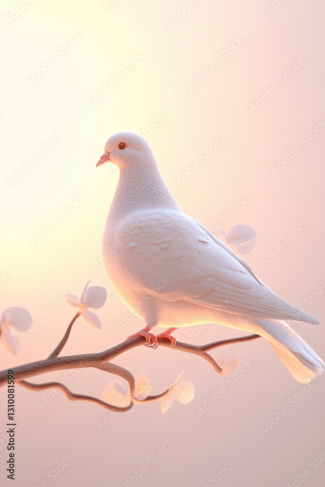 Fototapeta premium A pure white dove perches gracefully on a delicate flowering branch, illuminated by soft golden sunlight, symbolizing peace and purity