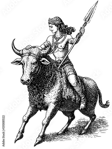 Bold warrior riding a spirited bull, wielding a spear in an ancient battle depiction