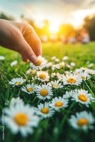 Hand picks a daisy flower in a vibrant field at sunset, showcasing nature's beauty and tranquility