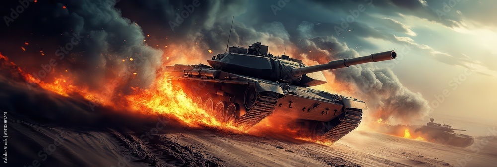 The tank maneuvers through a landscape marked by destruction.