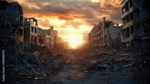 The devastation left by conflict in an urban landscape.